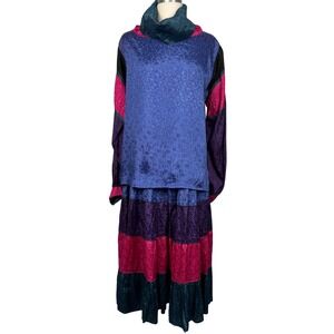 Vintage S Kumar & Co Inc 2pc Boho Skirt Set Rayon Colorblock Cowl Neck Pockets M